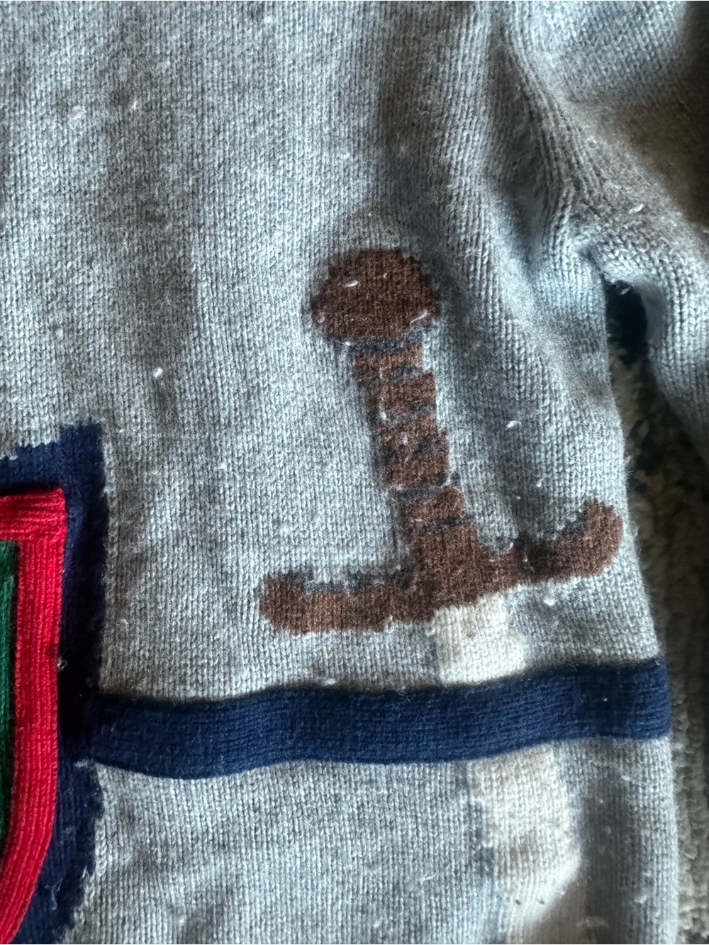Mini Boden Gray Knit Hoodie with Lion Shield and Red Tassel - Picture 3 of 4